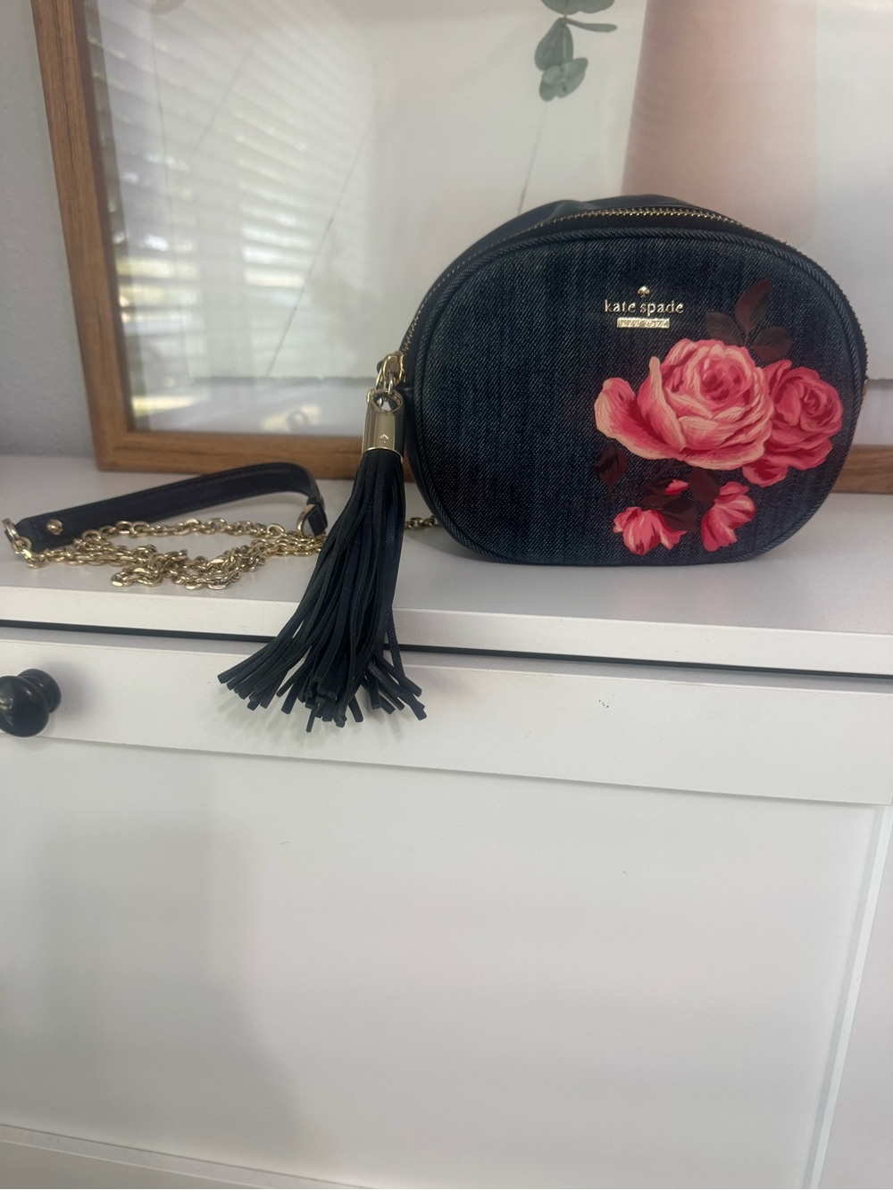 kate spade Black Denim Crossbody with Pink Floral Print and Tassel